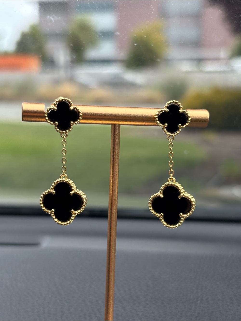Gold & Black Clover Drop Earrings - Elegant Women's Jewelry